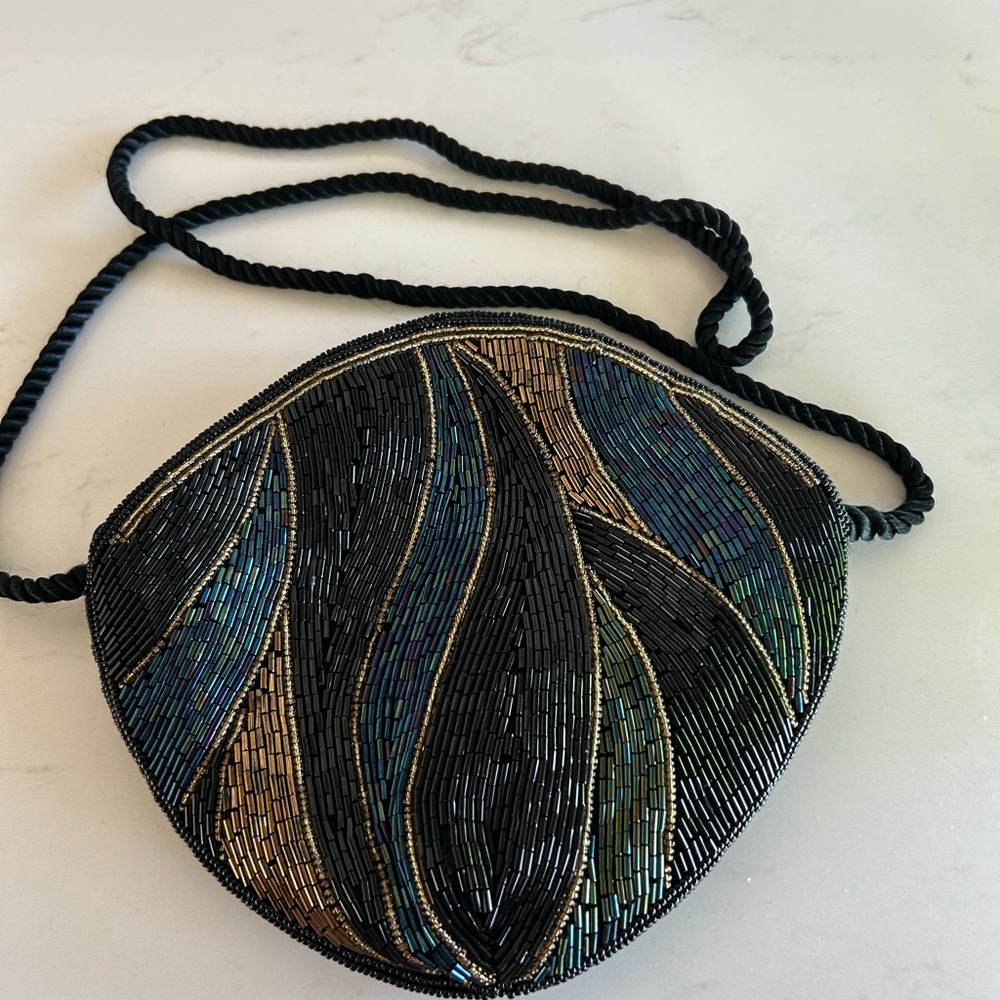Vintage Beaded Black and Blue Evening Bag - Art Deco Style